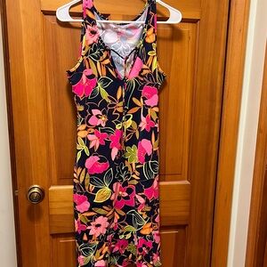 Lands' End Vibrant Floral Midi Dress - Pink and Black